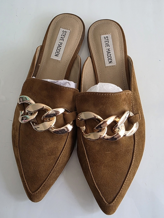 Steve Madden Tan Suede Chain-Trim Mules. - Picture 8 of 11